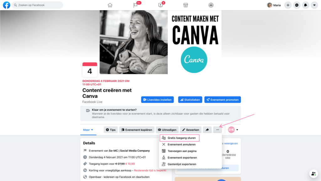 Geef gasten gratis toegang tot een betaald evenement op Facebook