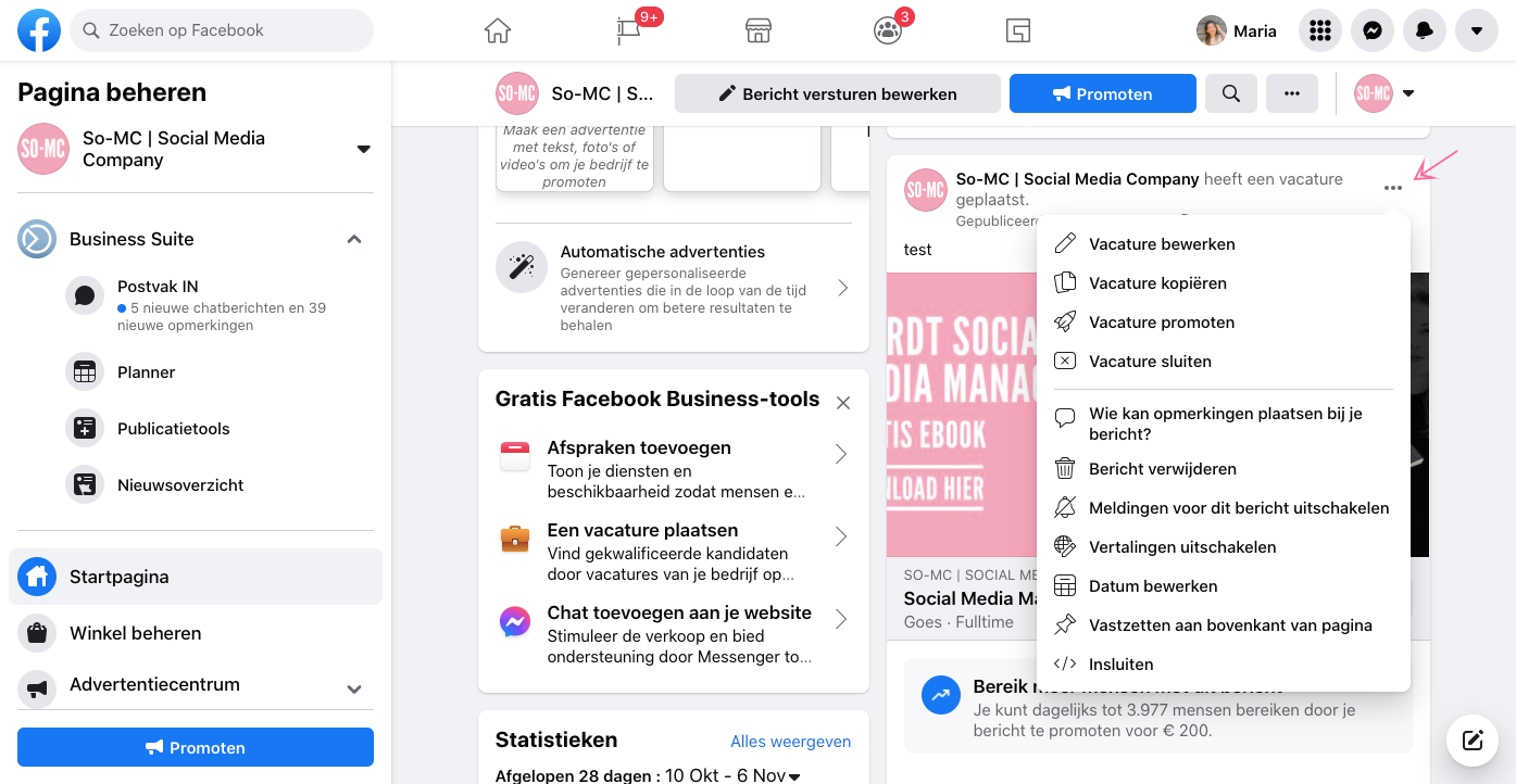 Facebook Vacature bewerken vanaf je pagina