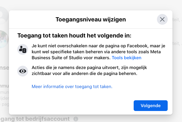 Toegangsniveau wijzigen Facebook beheer