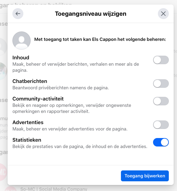 Toegangsniveau wijzigen Facebook beheer